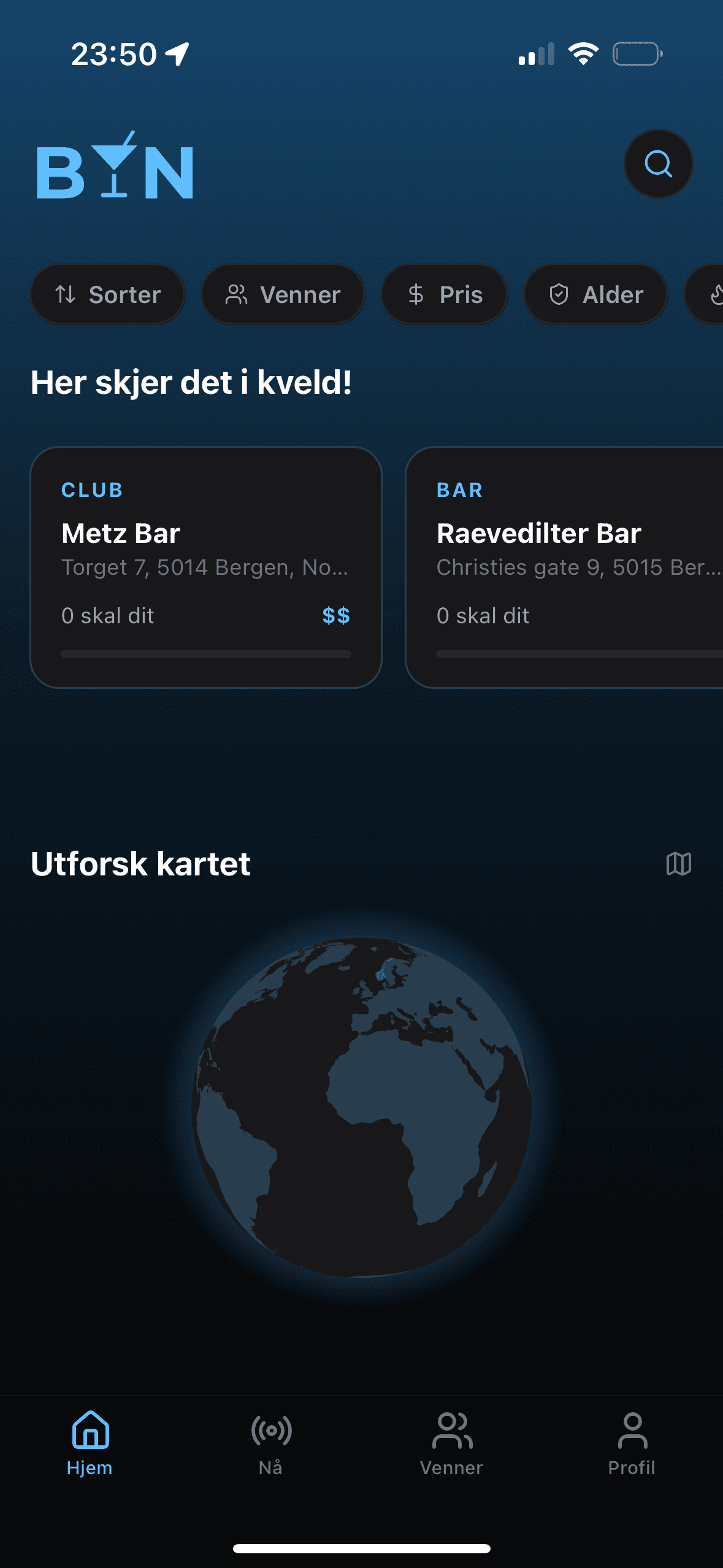 BYN-appen — Hjem-fanen med kveldens utesteder